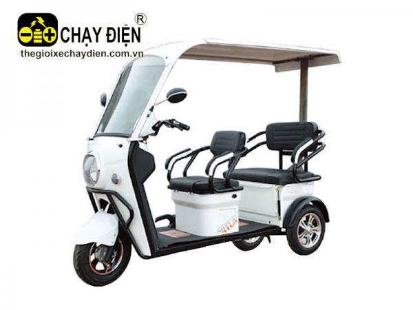 XE ĐIỆN 3 BÁNH 2 CHỖ NGỒI YÊN LIỀN, TỰA LƯNG, MÁI CHE TRẮNG