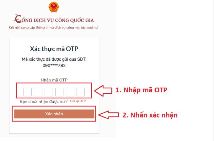 Nhập mã OTP được gửi về qua SĐT