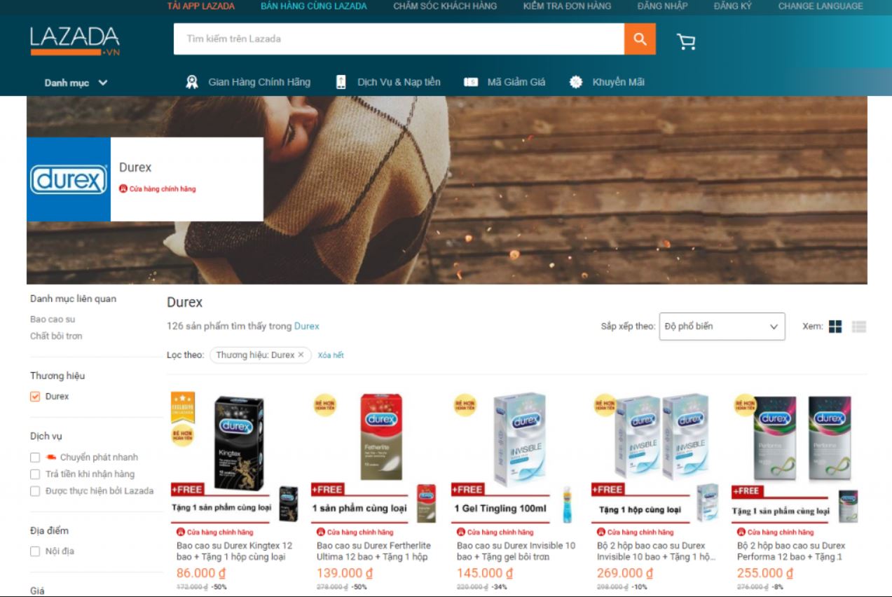 Hãng Durex còn phát triển phân phối online trên website durex.com.vn hay các trang web thương mại điện tử như Lazada, Tiki.vn