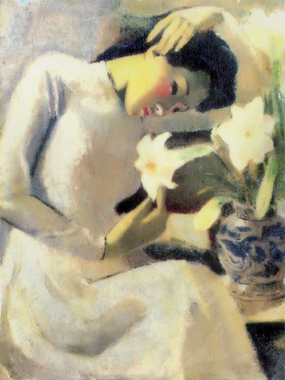 Kiệt tác tranh sơn dầu Thiếu nữ bên hoa huệ