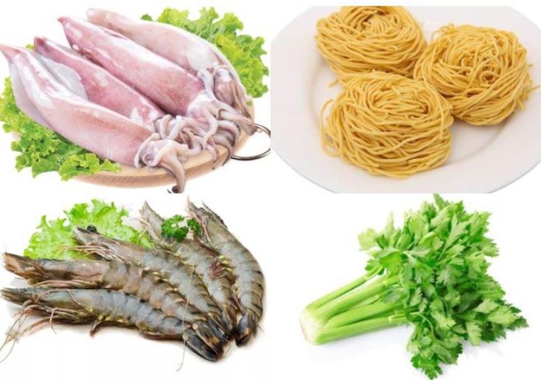 Nguyên liệu chuẩn bị cho món mì xào hải sản thơm ngon