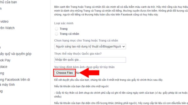 Chọn Choose Files để tải giấy tờ do Facebook yêu cầu