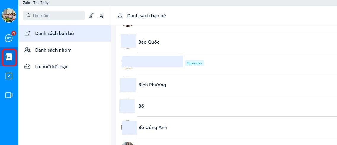 Mở app Zalo PC trên máy tính -> click chọn biểu tượng “Danh bạ”